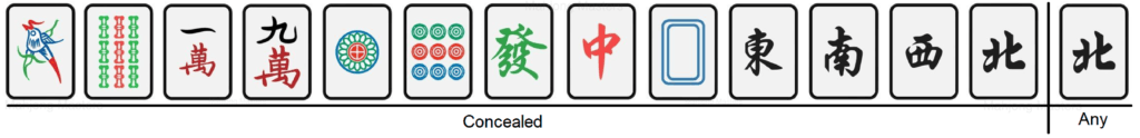 Thirteen Orphans mahjong hand: one and nine of each suit with all four winds and three dragons, plus a duplicate pair tile