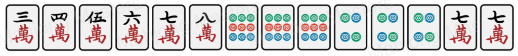 Example hand: consecutive chows in the character suit with a chow in circles and a pair of seven characters