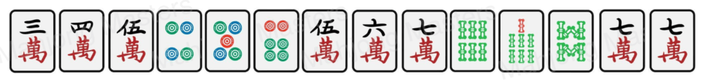 Example hand mixing character, circle and bamboo tiles with a pair of seven characters