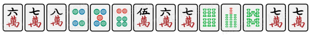 Example hand: a 6-7-8 chow in characters with circle and bamboo sets and a pair of seven characters
