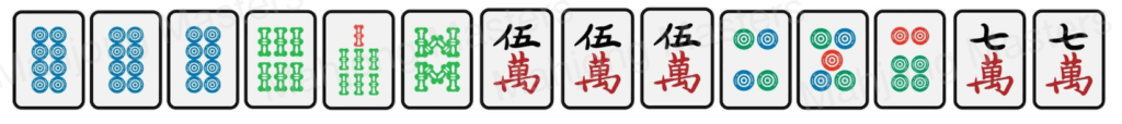 Example hand combining circle and bamboo chows with a pung of five characters