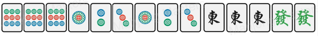 Example hand in the circle suit with a pung of East wind and a pair of green dragons