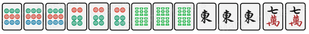 Example hand of bamboo and circle sets with a pung of East wind and a pair of seven characters