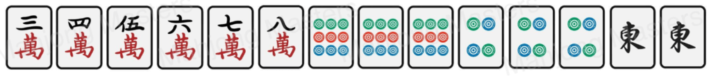 Example hand: consecutive chows in characters with circle tiles and a pair of East wind