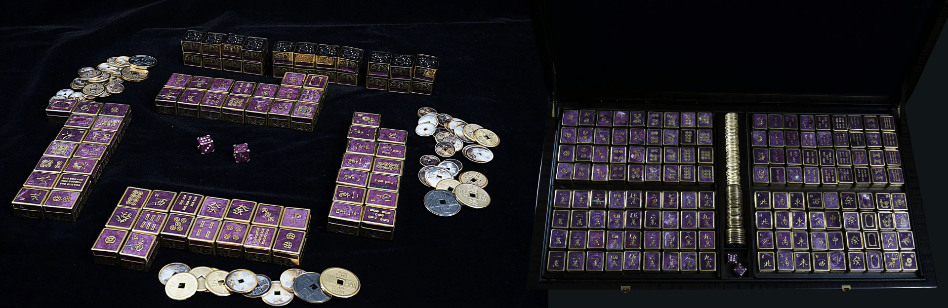 A dark luxury mahjong set laid out with patterned tiles, scoring counters and its fitted case