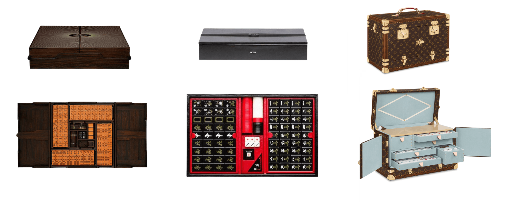 A range of luxury mahjong set cases, from carved wooden boxes to leather travel trunks